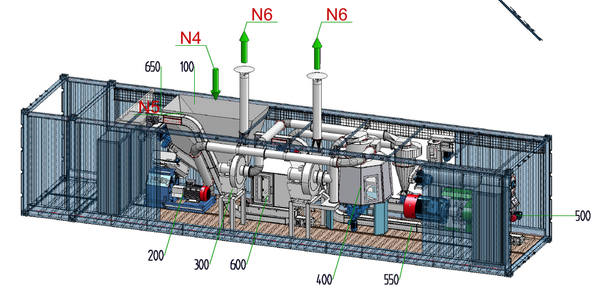 IP-021 Container-Pelletieranlage 1,2–2,0 t/h - isometrische Anlagenansicht