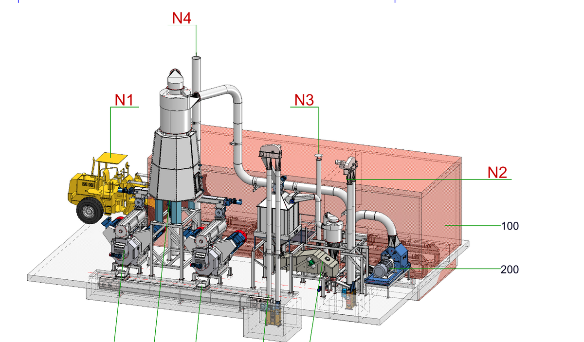 IP-020 Holzpelletieranlage 6–7 t/h - isometrische Anlagenansicht