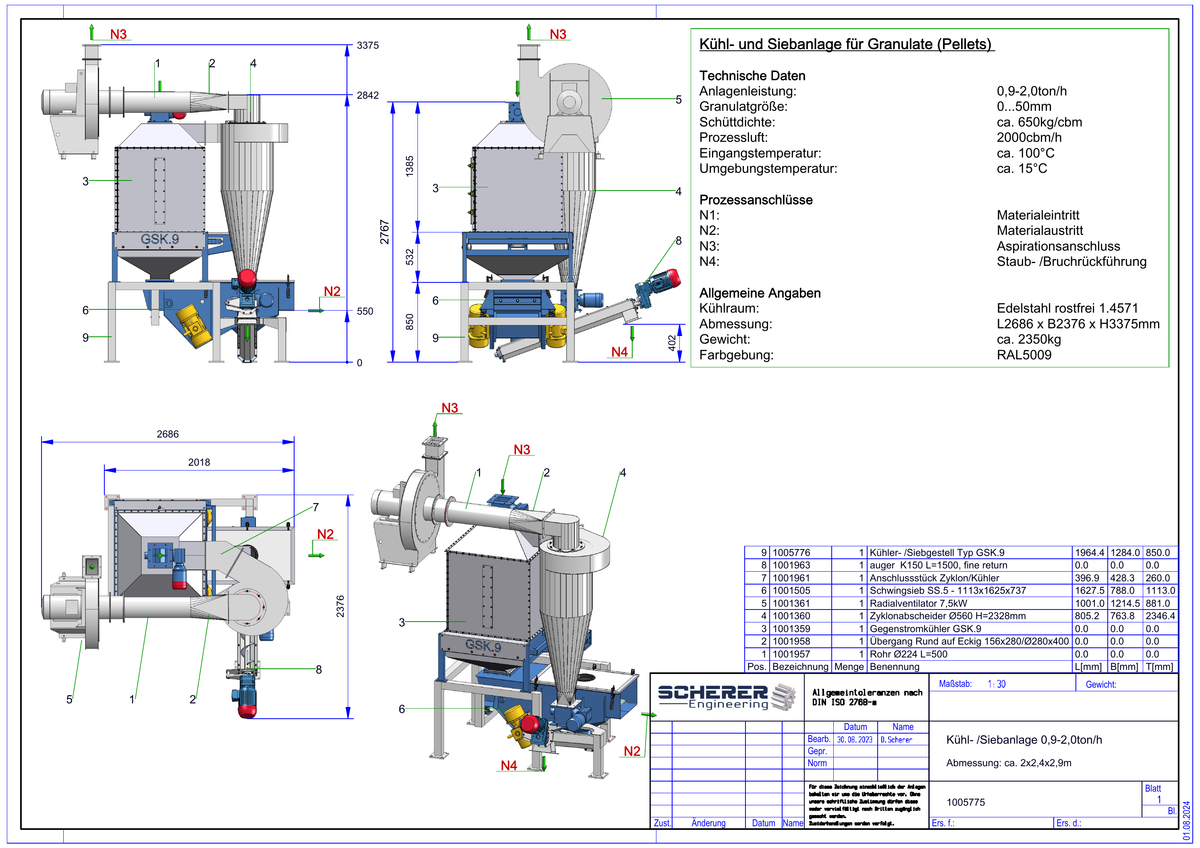 IP-032 Kühl- und Siebanlage 0,9–2,0 t/h - vollständige Zeichnung 1005775