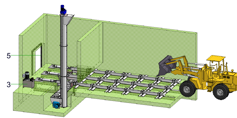 IP-036 Annahmebunker mit hydraulischem Zugboden und Schneckenaustrag - isometrische Ansicht
