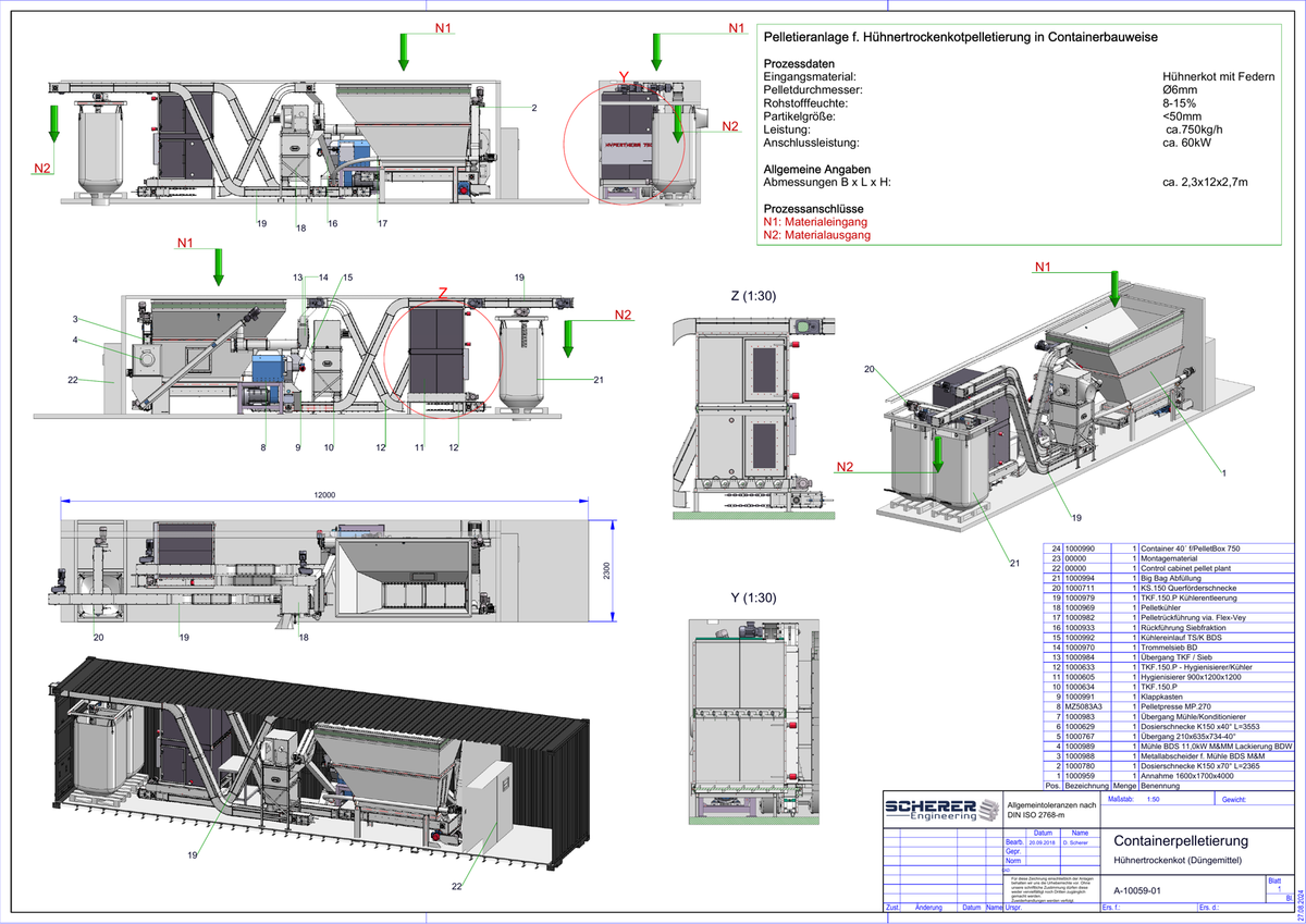 IP-037 Container-Pelletieranlage für Hühnertrockenkot - vollständige Anlagenzeichnung A-10059-01